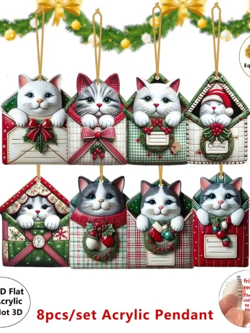 Set of 8 Christmas Cat Mailbox Acrylic Tree Ornaments
